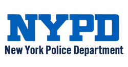 NYPD logo with blue text on a white background